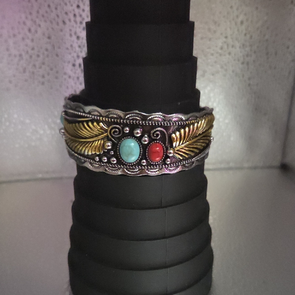 Turquoise and Coral Accent Two-Tone Leaf Cuff Bracelet NWOT